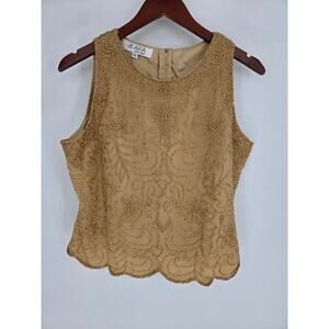 Jkara Vintage Gold Beaded Floral Sleeveless Blouse Women's XL